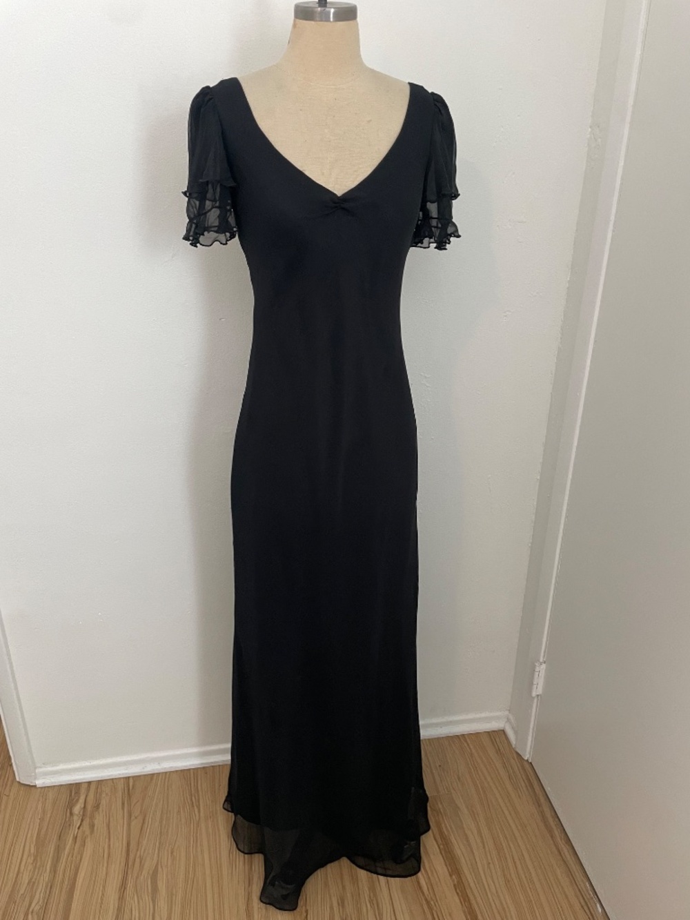Vintage Black Bias Cut Long Evening Cocktail Dress, Sheer Ruffled, 90s Y2K, SZ 4